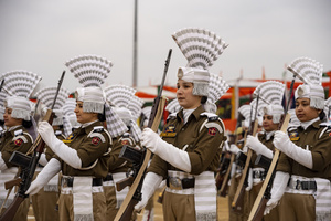 Women Indian Reserve Police (IRP) contingent perform during a Republic Day parade in Srinagar. India is celebrating its 77th Republic Day, marking the anniversary of the adoption of the Constitution of India and the nation’s transformation into a republic on 26 January 1950.