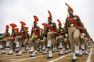 Sashastra Seema Bal (SSB) force contingent perform during a Republic Day parade in Srinagar. India is celebrating its 77th Republic Day, marking the anniversary of the adoption of the Constitution of India and the nation’s transformation into a republic on 26 January 1950.