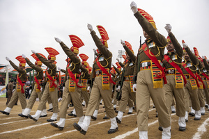 Sashastra Seema Bal (SSB) force contingent perform during a Republic Day parade in Srinagar. India is celebrating its 77th Republic Day, marking the anniversary of the adoption of the Constitution of India and the nation’s transformation into a republic on 26 January 1950.