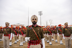 A contingent of Fire and Emergency services during a Republic Day parade in Srinagar. India is celebrating its 77th Republic Day, marking the anniversary of the adoption of the Constitution of India and the nation’s transformation into a republic on 26 January 1950.