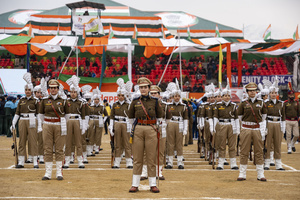 Women Indian Reserve Police (IRP) contingent perform during a Republic Day parade in Srinagar. India is celebrating its 77th Republic Day, marking the anniversary of the adoption of the Constitution of India and the nation’s transformation into a republic on 26 January 1950.