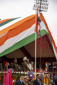 Chief Guest and Deputy Chief Minister Surinder Kumar unfurl the India's national flag during a Republic Day function in Srinagar. India is celebrating its 77th Republic Day, marking the anniversary of the adoption of the Constitution of India and the nation’s transformation into a republic on 26 January 1950.