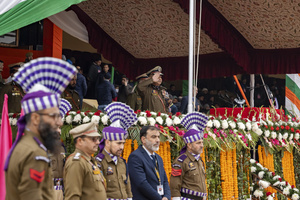 Inspector general of Police (IGP) for the Kashmir zone Vidhi Kumar Birdi salutes during a Republic Day function in Srinagar. India is celebrating its 77th Republic Day, marking the anniversary of the adoption of the Constitution of India and the nation’s transformation into a republic on 26 January 1950.