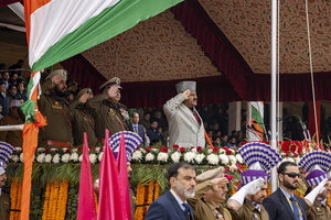 Chief Guest and Deputy Chief Minister Surinder Kumar salutes after unfurling the national flag during a Republic Day function in Srinagar. India is celebrating its 77th Republic Day, marking the anniversary of the adoption of the Constitution of India and the nation’s transformation into a republic on 26 January 1950.