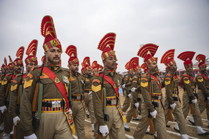 Sashastra Seema Bal (SSB) force contingent perform during a Republic Day parade in Srinagar. India is celebrating its 77th Republic Day, marking the anniversary of the adoption of the Constitution of India and the nation’s transformation into a republic on 26 January 1950.
