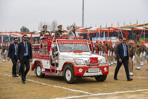 Chief Guest and Deputy Chief Minister Surinder Kumar waves while reviewing the parade contingents in a jeep during a Republic Day function in Srinagar. India is celebrating its 77th Republic Day, marking the anniversary of the adoption of the Constitution of India and the nation’s transformation into a republic on 26 January 1950.