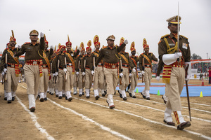 Sashastra Seema Bal (SSB) force contingent perform during a Republic Day parade in Srinagar. India is celebrating its 77th Republic Day, marking the anniversary of the adoption of the Constitution of India and the nation’s transformation into a republic on 26 January 1950.