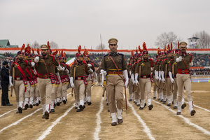 A contingent of the Jammu and Kashmir Police performs during a Republic Day parade in Srinagar. India is celebrating its 77th Republic Day, marking the anniversary of the adoption of the Constitution of India and the nation’s transformation into a republic on 26 January 1950.
