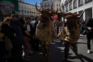 A couple dressed as oxen is seen. during the 1st Masquerade Parade through the center of Madrid, organized by the regional associations of Asturias, Galicia, and Zamora, the heart of the Spanish capital was transformed into a stage for ancestral rites from the Spanish regions of Asturias, Galicia, and Zamora.