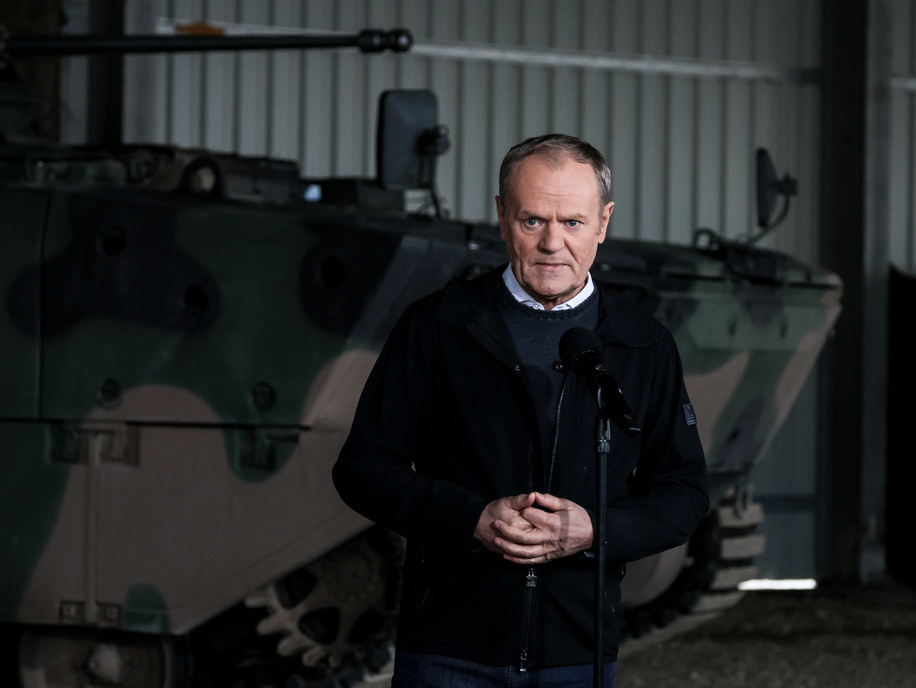 Prime Minister of Poland Donald Tusk speaks during a press conference during a meeting with the Prime Minister of Norway Jonas Gahr Støre (not in view) in an armed forces training camp to initiate a tight military cooperation. Camp Jomsborg is a new training camp located in Poland and run by Norwegian military forces. Among other responsibilities it will train Ukrainian soldiers.