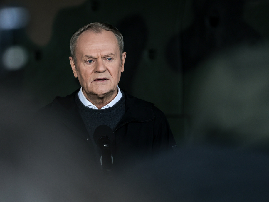 Prime Minister of Poland Donald Tusk speaks during a press conference during a meeting with the Prime Minister of Norway Jonas Gahr Støre (not in view) in an armed forces training camp to initiate a tight military cooperation. Camp Jomsborg is a new training camp located in Poland and run by Norwegian military forces. Among other responsibilities it will train Ukrainian soldiers.