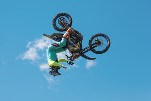 Motorcycle racers seen doing performance during the Moscow Sports day
at Luzhniki Stadium. Moscow Sports Day is a traditional festival of sports and activities. In 2025 Motorcycle racers from FMX13 Team (ProFMX Russia Team) performed at the Luzhniki Open Stadium.