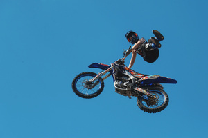 Motorcycle racers seen doing performance during the Moscow Sports day
at Luzhniki Stadium. Moscow Sports Day is a traditional festival of sports and activities. In 2025 Motorcycle racers from FMX13 Team (ProFMX Russia Team) performed at the Luzhniki Open Stadium.