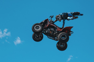 Motorcycle racers seen doing performance during the Moscow Sports day
at Luzhniki Stadium. Moscow Sports Day is a traditional festival of sports and activities. In 2025 Motorcycle racers from FMX13 Team (ProFMX Russia Team) performed at the Luzhniki Open Stadium.