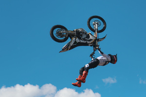 Motorcycle racers seen doing performance during the Moscow Sports day
at Luzhniki Stadium. Moscow Sports Day is a traditional festival of sports and activities. In 2025 Motorcycle racers from FMX13 Team (ProFMX Russia Team) performed at the Luzhniki Open Stadium.