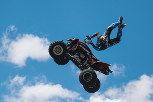 Motorcycle racers seen doing performance during the Moscow Sports day
at Luzhniki Stadium. Moscow Sports Day is a traditional festival of sports and activities. In 2025 Motorcycle racers from FMX13 Team (ProFMX Russia Team) performed at the Luzhniki Open Stadium.