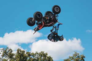 Motorcycle racers seen doing performance during the Moscow Sports day
at Luzhniki Stadium. Moscow Sports Day is a traditional festival of sports and activities. In 2025 Motorcycle racers from FMX13 Team (ProFMX Russia Team) performed at the Luzhniki Open Stadium.