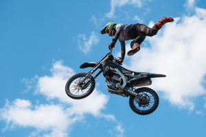 Motorcycle racers seen doing performance during the Moscow Sports day
at Luzhniki Stadium. Moscow Sports Day is a traditional festival of sports and activities. In 2025 Motorcycle racers from FMX13 Team (ProFMX Russia Team) performed at the Luzhniki Open Stadium.