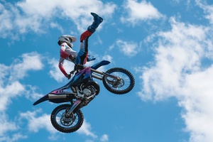 Motorcycle racers seen doing performance during the Moscow Sports day
at Luzhniki Stadium. Moscow Sports Day is a traditional festival of sports and activities. In 2025 Motorcycle racers from FMX13 Team (ProFMX Russia Team) performed at the Luzhniki Open Stadium.