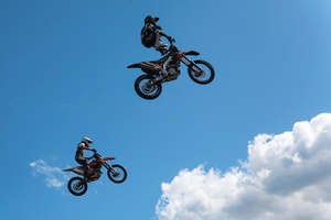 Motorcycle racers seen doing performance during the Moscow Sports day
at Luzhniki Stadium. Moscow Sports Day is a traditional festival of sports and activities. In 2025 Motorcycle racers from FMX13 Team (ProFMX Russia Team) performed at the Luzhniki Open Stadium.