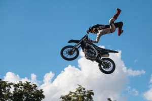Motorcycle racers seen doing performance during the Moscow Sports day
at Luzhniki Stadium. Moscow Sports Day is a traditional festival of sports and activities. In 2025 Motorcycle racers from FMX13 Team (ProFMX Russia Team) performed at the Luzhniki Open Stadium.
