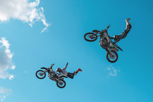 Motorcycle racers seen doing performance during the Moscow Sports day
at Luzhniki Stadium. Moscow Sports Day is a traditional festival of sports and activities. In 2025 Motorcycle racers from FMX13 Team (ProFMX Russia Team) performed at the Luzhniki Open Stadium.