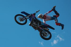 Motorcycle racers seen doing performance during the Moscow Sports day
at Luzhniki Stadium. Moscow Sports Day is a traditional festival of sports and activities. In 2025 Motorcycle racers from FMX13 Team (ProFMX Russia Team) performed at the Luzhniki Open Stadium.