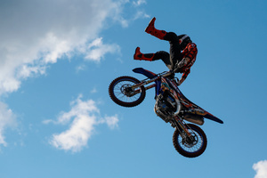 Motorcycle racers seen doing performance during the Moscow Sports day
at Luzhniki Stadium. Moscow Sports Day is a traditional festival of sports and activities. In 2025 Motorcycle racers from FMX13 Team (ProFMX Russia Team) performed at the Luzhniki Open Stadium.