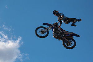 Motorcycle racers from FMX13 Team (ProFMX Team) seen doing performance during Moscow Sports day at Luzhniki Stadium. Moscow Sports Day is a traditional festival of sports and activities. In 2025 Motorcycle racers from FMX13 Team (ProFMX Russia Team) performed at the Luzhniki Open Stadium.