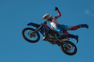 Motorcycle racers seen doing performance during the Moscow Sports day
at Luzhniki Stadium. Moscow Sports Day is a traditional festival of sports and activities. In 2025 Motorcycle racers from FMX13 Team (ProFMX Russia Team) performed at the Luzhniki Open Stadium.