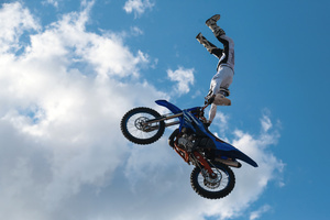 Motorcycle racers seen doing performance during the Moscow Sports day
at Luzhniki Stadium. Moscow Sports Day is a traditional festival of sports and activities. In 2025 Motorcycle racers from FMX13 Team (ProFMX Russia Team) performed at the Luzhniki Open Stadium.