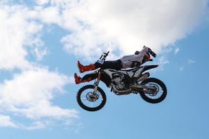 Motorcycle racers seen doing performance during the Moscow Sports day
at Luzhniki Stadium. Moscow Sports Day is a traditional festival of sports and activities. In 2025 Motorcycle racers from FMX13 Team (ProFMX Russia Team) performed at the Luzhniki Open Stadium.