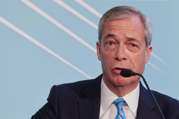 Reform UK leader Nigel Farage speaks at a Reform UK press conference in central London ahead of the Spring Statement by Chancellor of the Exchequer Rachel Reeves and following the Gordon and Denton by-election result on Feb. 26.