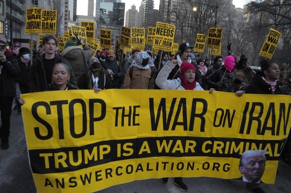 Demonstrators hold a banner and chant slogans during a march protesting war against Iran. Demonstrators rallied in New York City condemning the United States and Israel for launching airstrikes against Iran. The rally occurred as Iran has been launching retaliatory strikes against Israel and U.S. military bases in the Middle East. According to Iranian officials, Iran’s Supreme Leader Ali Khamenei was killed in the U.S., Israeli airstrikes.