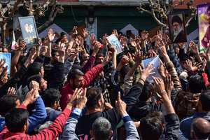 Kashmiri Shiite Muslim protesters shout slogans as they mourn the killing of the Iranian Supreme Leader, Ayatollah Ali Khamenei, during a protest rally against the U.S. and Israel in Budgam, about 25kms from Srinagar. Protests continue across the Kashmir valley over the killing of Iran's Supreme Leader Ayatollah Ali Khamenei in a coordinated US-Israeli airstrike on Tehran. Strict restrictions remained imposed in many areas of Kashmir for the fifth consecutive day.