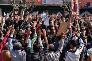 Kashmiri Shiite Muslim protesters shout slogans as they mourn the killing of the Iranian Supreme Leader, Ayatollah Ali Khamenei, during a protest rally against the U.S. and Israel in Budgam, about 25kms from Srinagar. Protests continue across the Kashmir valley over the killing of Iran's Supreme Leader Ayatollah Ali Khamenei in a coordinated US-Israeli airstrike on Tehran. Strict restrictions remained imposed in many areas of Kashmir for the fifth consecutive day.