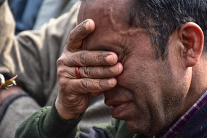 A Kashmiri Shiite Muslim protester mourns the death of the Iranian Supreme Leader, Ayatollah Ali Khamenei, during a protest against the U.S. and Israel in Budgam, about 25kms from Srinagar. Protests continue across the Kashmir valley over the killing of Iran's Supreme Leader Ayatollah Ali Khamenei in a coordinated US-Israeli airstrike on Tehran. Strict restrictions remained imposed in many areas of Kashmir for the fifth consecutive day.