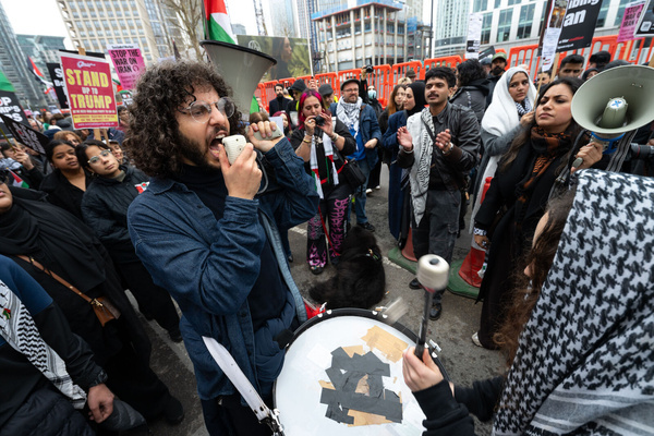 Protesters chant slogans during the rally. Anti-war protesters marched through central London during a demonstration organised by the Stop the War Coalition calling for an end to military action against Iran amid escalating conflict involving the United States and Israel. Demonstrators carried placards and Iranian flags while marching towards the US Embassy in London, chanting slogans opposing further escalation and urging governments to pursue diplomacy instead of war. Organisers said the rally aimed to highlight concerns about civilian casualties and the widening regional conflict.