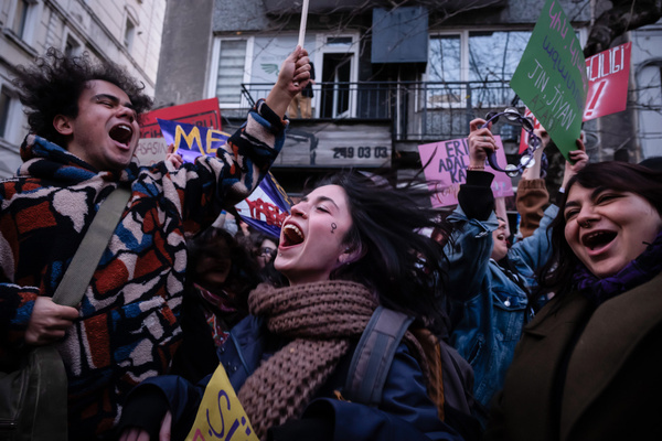 Women chanting slogans during a march marking International Women's Day near Taksim Square in Istanbul Thousands of women gathered in Beyoglu for the traditional Feminist Night March, organized in Istanbul as part of International Women's Day on March 8th.