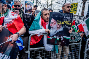 Pro-Iranian regime British-Iranians hold aloft posters of the Ayatollah Ali Khamenei who was killed in the joint US-Israeli attack. Many thousands congregated in Central London in an international demonstration of support for Palestinian rights. They were separated by Police from pro-Israeli and anti-Iranian-regime counter-protestors who met on the opposite side of the River Thames after the rally was banned from marching by the Home Secretary Shabana Mahmood. Rapper Bob Vylan spoke at the rally and is currently being investigated for chanting “Death to the IDF”.