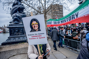 A cartoon of Home Secretary Shabana Mahmood criticises her banning the annual Al-Quds march as an act of suppressing free speech. Many thousands congregated in Central London in an international demonstration of support for Palestinian rights. They were separated by Police from pro-Israeli and anti-Iranian-regime counter-protestors who met on the opposite side of the River Thames after the rally was banned from marching by the Home Secretary Shabana Mahmood. Rapper Bob Vylan spoke at the rally and is currently being investigated for chanting “Death to the IDF”.