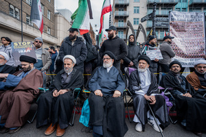 Pro-Iranian regime clerics attend the annual Al-Quds rally in London. Many thousands congregated in Central London in an international demonstration of support for Palestinian rights. They were separated by Police from pro-Israeli and anti-Iranian-regime counter-protestors who met on the opposite side of the River Thames after the rally was banned from marching by the Home Secretary Shabana Mahmood. Rapper Bob Vylan spoke at the rally and is currently being investigated for chanting “Death to the IDF”.