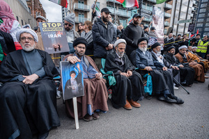 Pro-Iranian regime clerics attend the annual Al-Quds rally in London. Many thousands congregated in Central London in an international demonstration of support for Palestinian rights. They were separated by Police from pro-Israeli and anti-Iranian-regime counter-protestors who met on the opposite side of the River Thames after the rally was banned from marching by the Home Secretary Shabana Mahmood. Rapper Bob Vylan spoke at the rally and is currently being investigated for chanting “Death to the IDF”.