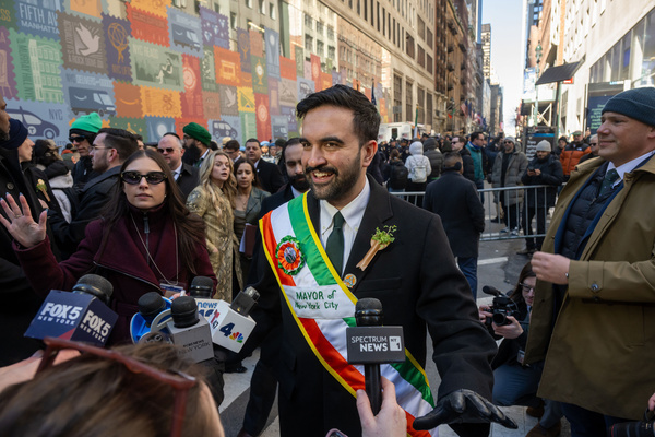 New York City Mayor Zohran Mamdani speaks to media at starts of the St. Patrick's Day Parade along 5th Avenue on March 17, 2026 in New York City.
