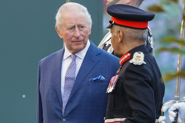 King Charles speaks with Lord-Lieutenant of Greater London Sir Kenneth Olisa as he departs from the Garrison Chapel after visiting the exhibition “New Wood: Building a Bio-Based Future,” a collaboration between the Circular Bioeconomy Alliance, the King’s Foundation, and the Finnish Forest Association.