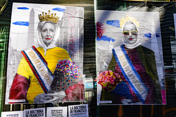 Hebe de Bonafini and Estela de Carlotto s' posters with altered images of the two leading Mothers of Plaza de Mayo figures seen at Avenida de Mayo. People attended a commemoration marking the 50th anniversary of the civic-military coup. The dictatorship led by the Armed Forces lasted from 1976 to 1983 and carried out “a systematic plan of forced disappearance, torture and extermination” against thousands of Argentines.