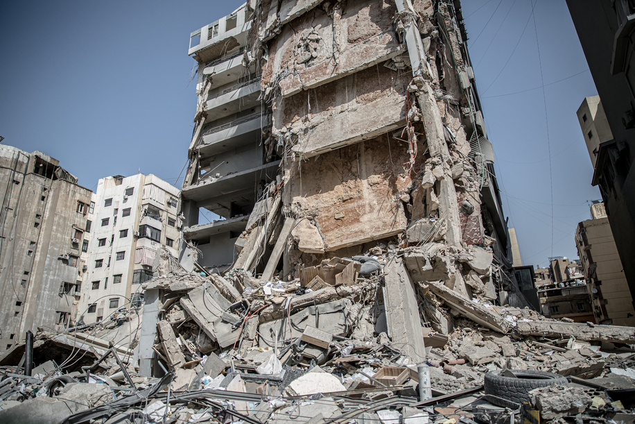 A building is destroyed in Dahesh, Beirut's southern suburbs, following a new round of Israeli airstrikes. Israel and Hezbollah returned to all-out war in March 2026.