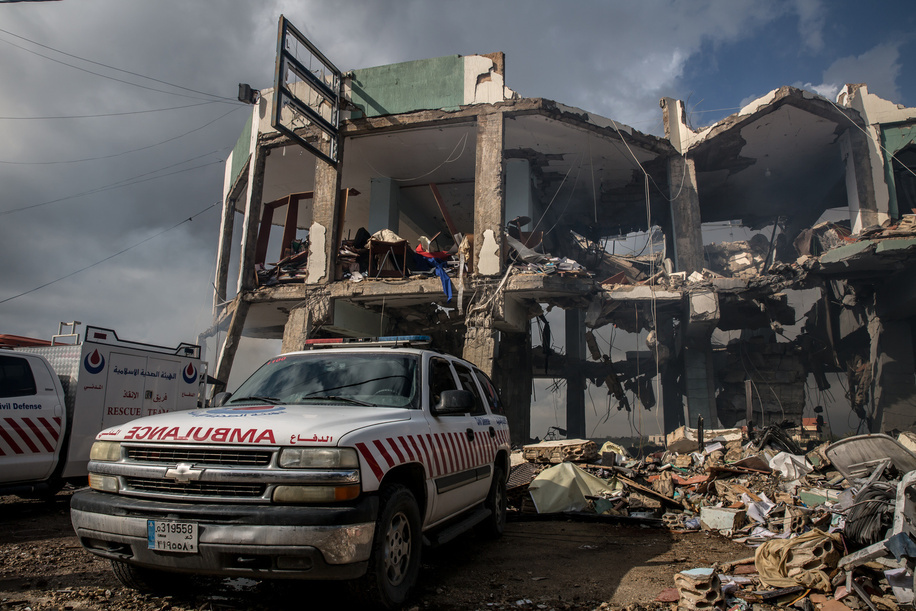 An ambulance parked in front of the remains of the medical centre in Bourj Qalaway, following an Israeli attack. At least 850 people in Lebanon have been killed since Israel and Hezbollah returned to all-out war, including 32 healthcare workers, according to Lebanon's Ministry of Health.