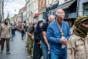 Activists posing as Palestinian hostages are seen walking barefoot and blindfolded. Activists performed as the Palestinian hostages held by the Israel government during a silent procession through the city to demand their release and against Israel's new execution law. With this protest, Nijmegen for Palestine wants to draw attention to the Palestinian hostages, who are often held for months, even years, without charge in appalling Israeli detention camps.