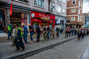 Activists performing are leading the silent march. Activists performed as the Palestinian hostages held by the Israel government during a silent procession through the city to demand their release and against Israel's new execution law. With this protest, Nijmegen for Palestine wants to draw attention to the Palestinian hostages, who are often held for months, even years, without charge in appalling Israeli detention camps.